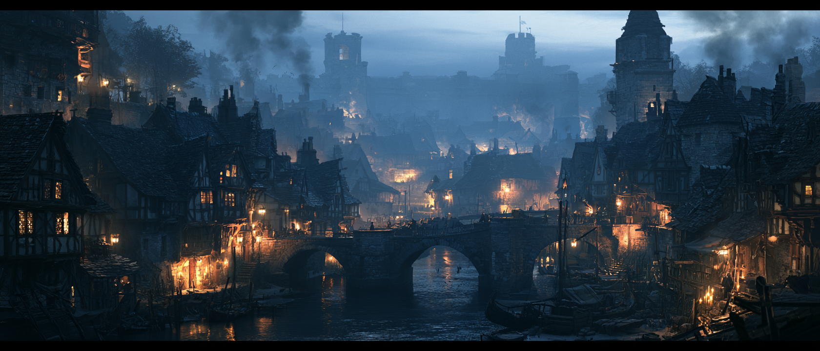 Thornwick, the river town in the live demo, seen from above at dusk.